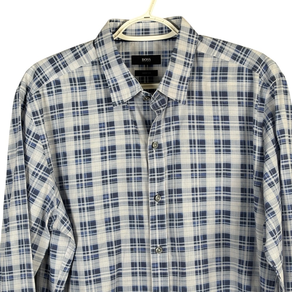 Hugo Boss Shirt Sharp Fit Button Up Mens L Blue Plaid Long Sleeve Cotton